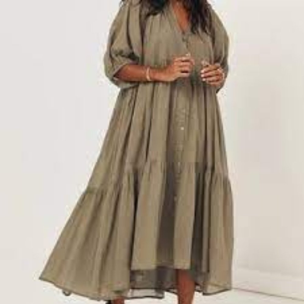 Spell Olive Green Button-Front Midi Dress